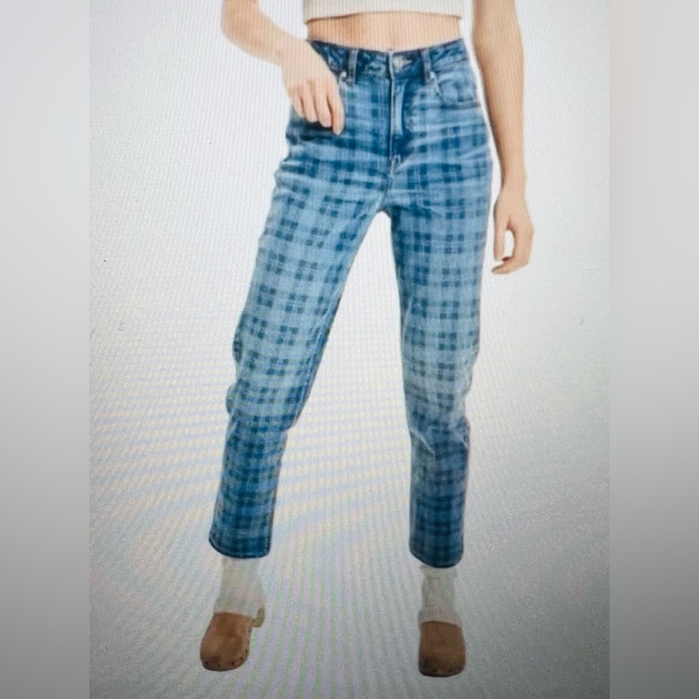 American Eagle Outfitters Blue Plaid Straight Leg Jeans